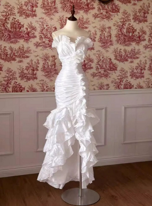 Robe de mariée blanche à volants et à volants style sirène J8821