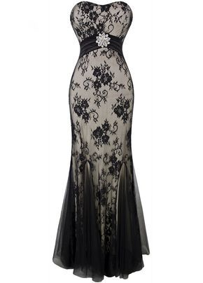 Trägerloses langes Abendkleid aus Spitze im Meerjungfrau-Stil, schwarz, Ballkleid J8328