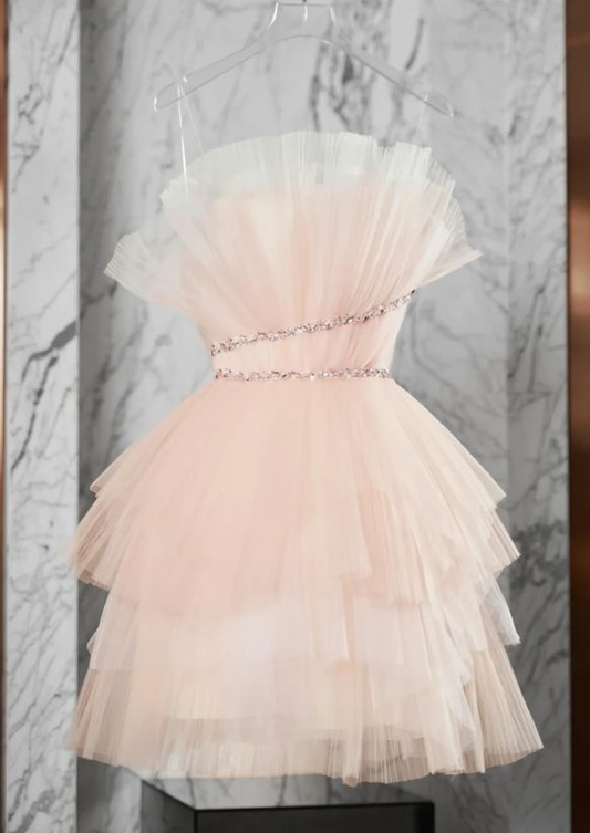 Robe de soirée bustier en tulle et perles, rose clair, J7623