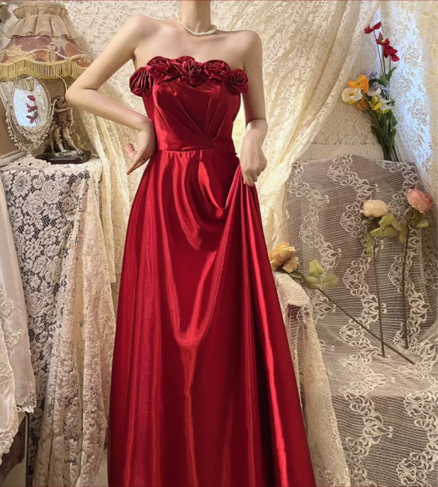 Red Strapless 3d Flower Satin Long Prom Dress J8773