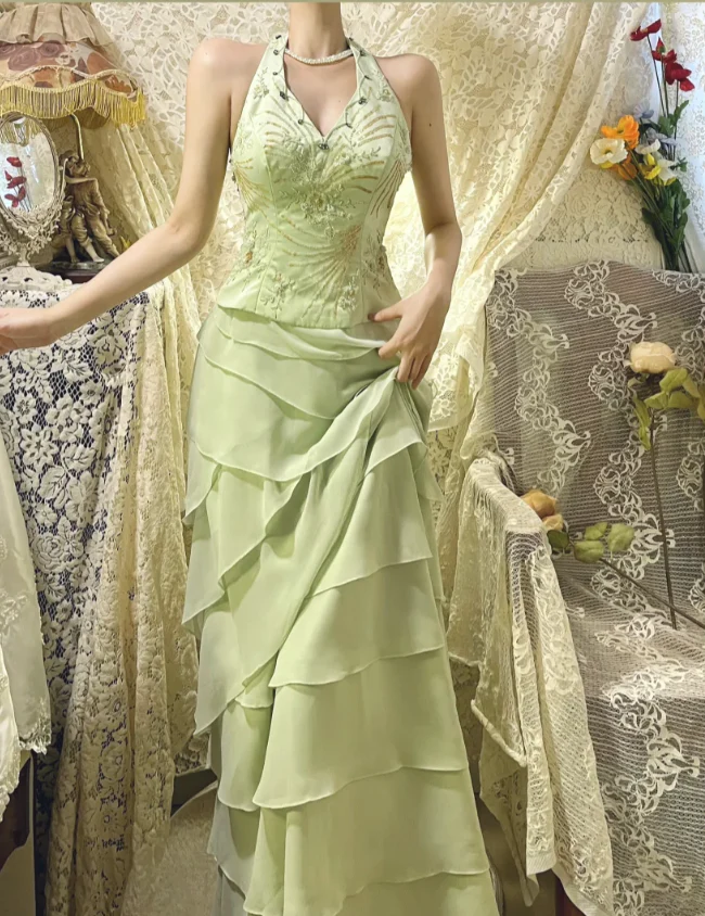 Halter Green Chiffon Prom Dress Beaded Formal Party Dress J8776