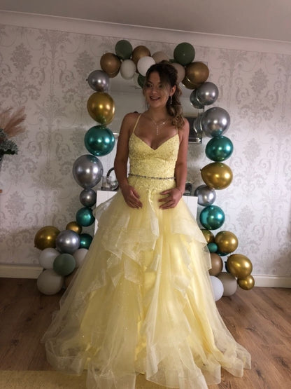 Robe de bal longue en tulle jaune coupe trapèze, tenue de soirée formelle J8293