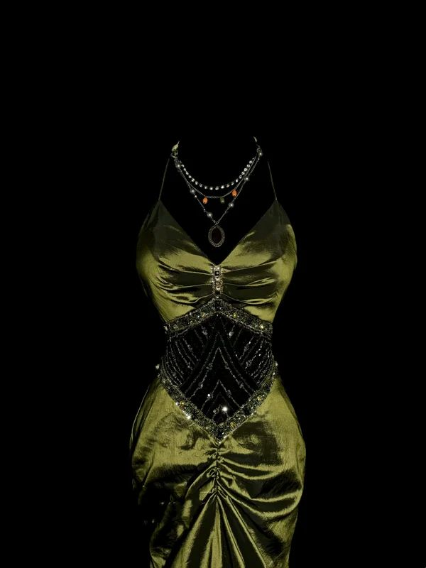 Vintage Mermaid Olive Green Satin Birthday Outfits Formal Party Dresses J7106