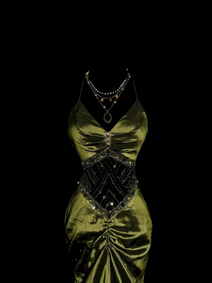 Vintage Mermaid Olive Green Satin Birthday Outfits Formal Party Dresses J7106