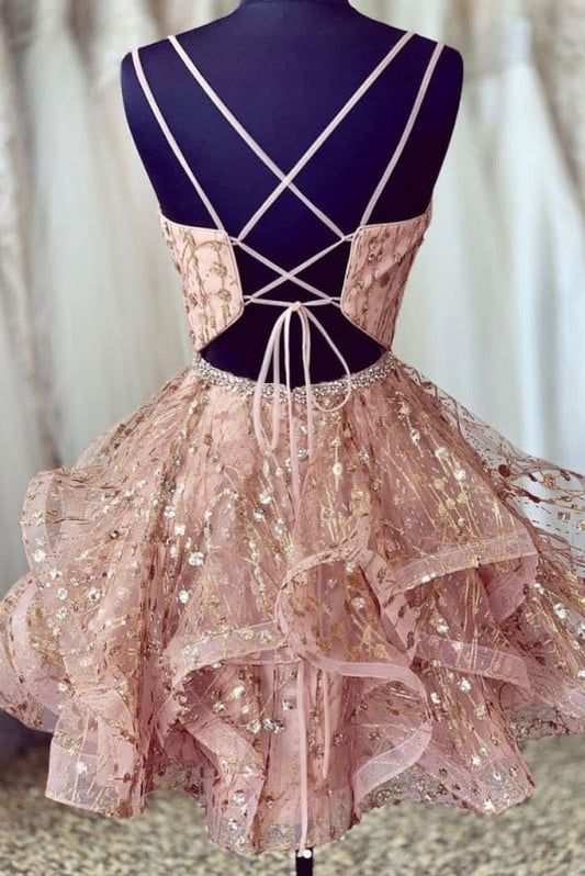 A-Linie V-Ausschnitt Kurzes Spitzen-Heimkehrkleid J7735