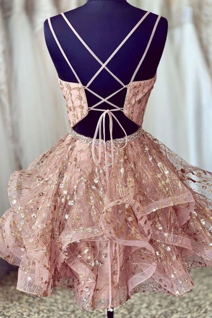 A-Linie V-Ausschnitt Kurzes Spitzen-Heimkehrkleid J7735