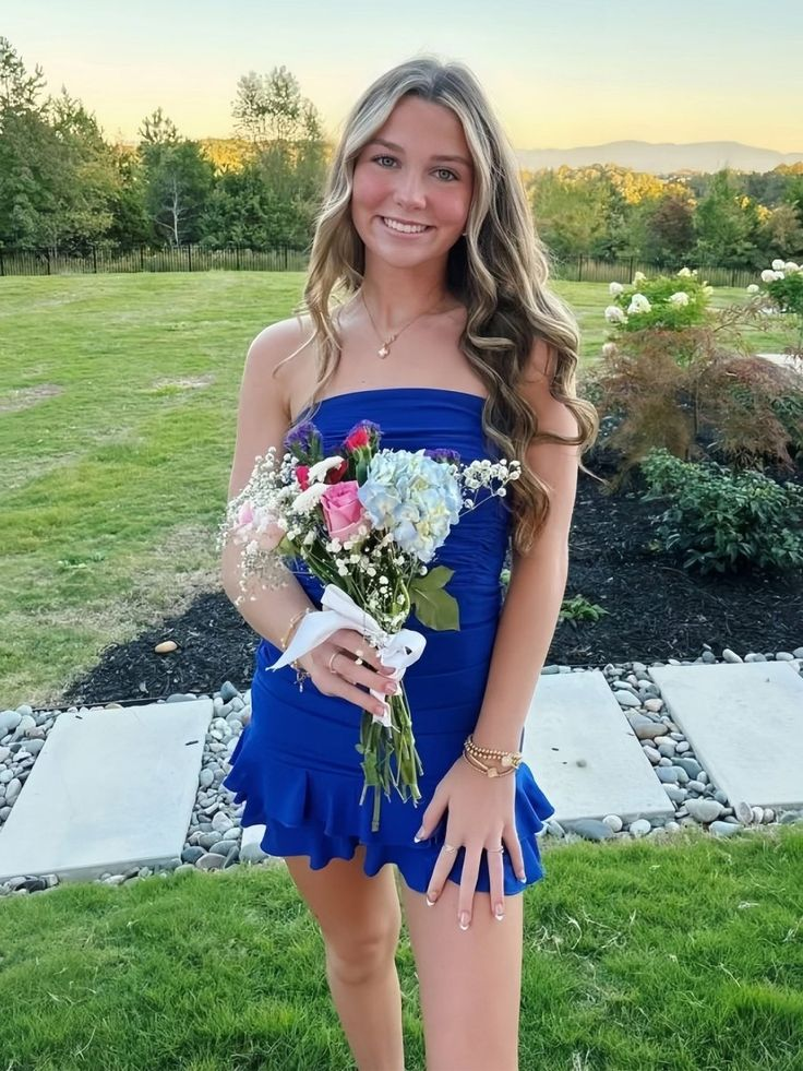 Royal Blue Strapless Bodycon Ruffles Short Homecoming Dresses J7443
