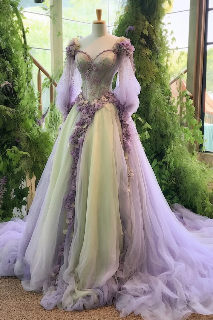 Robe de mariée princesse coupe trapèze à fleurs, en dentelle et tulle, avec appliques J7587