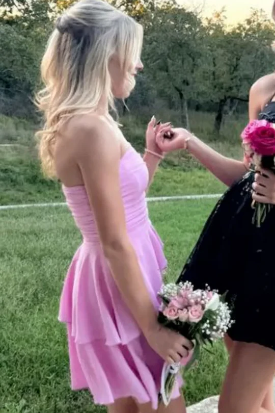 Robe de soirée rose coupe trapèze, sans manches et sans bretelles, J6964