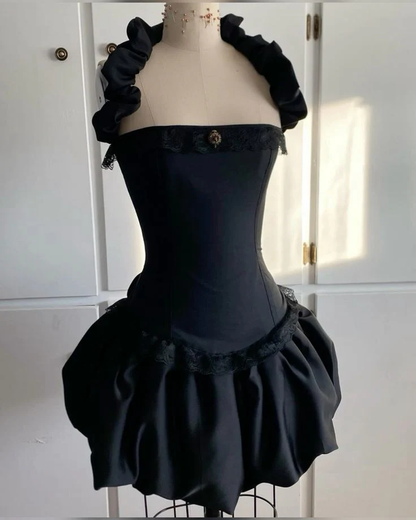 Robe de soirée courte noire sans bretelles, coupe trapèze, tenue d'anniversaire, J7238