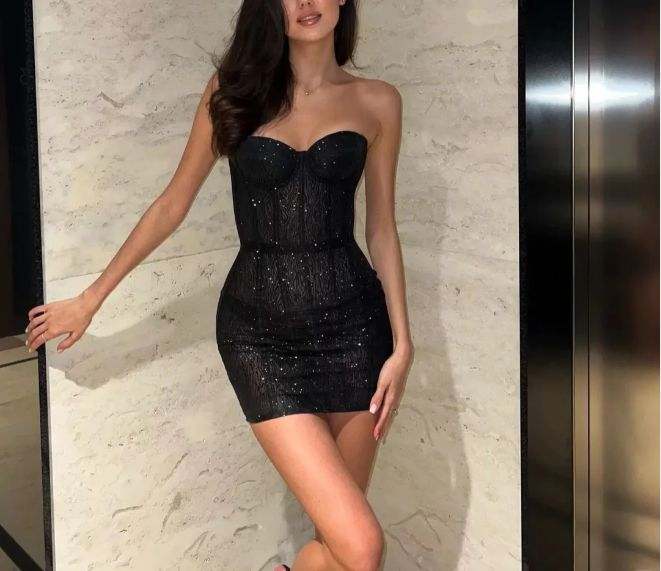 Robe de soirée courte noire scintillante, robe d'anniversaire J7398