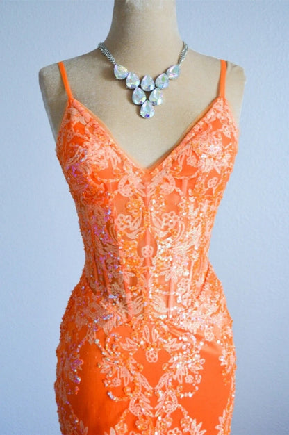 Orange Mermaid Spaghetti Straps Sequins Applique Long Formal Dress J8343