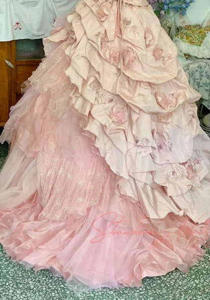 Pink 3d Flower Sweet 15 Quinceanera Ball Gown A-Line Birthday Dress Evening Dress J8066