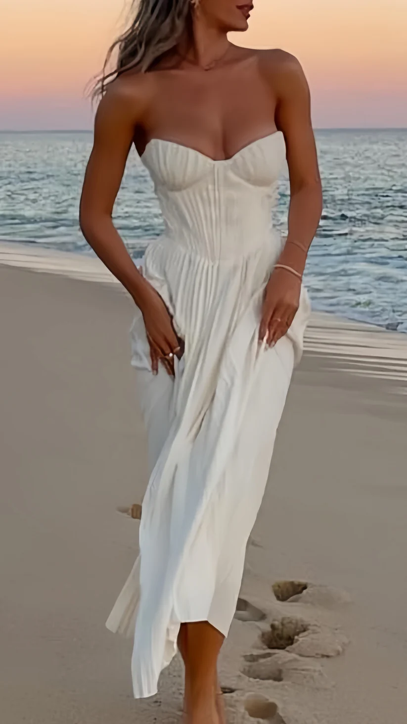 Robe de soirée blanche sexy, décolleté en cœur, longueur cheville, J8755