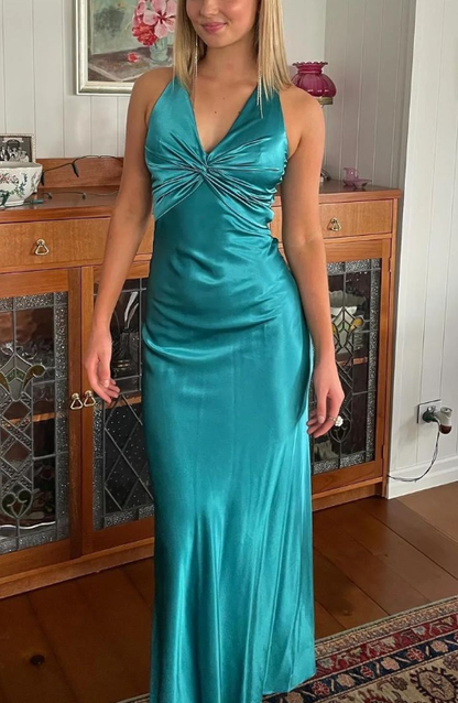 Robe de soirée longue fendue en satin à col en V et dos nu J6295