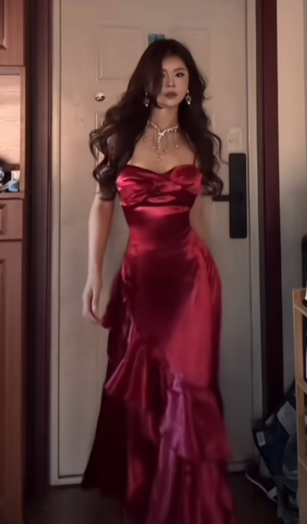 wedding dress burgundy accents Burgundy Velvet Glitter Cascading Ruffles Prom Dress, Champagne Tulle main image 0
