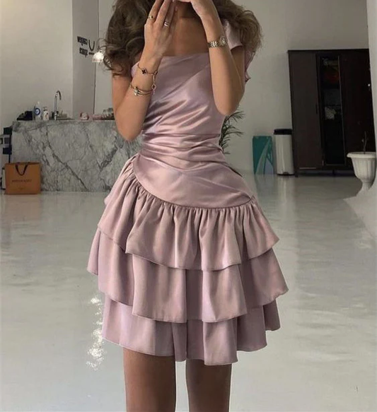 Robe de soirée courte en satin rose sans bretelles, coupe trapèze, J7328