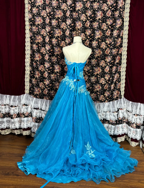 Sweetheart Blue Long Prom Dress With Applique Vintage Formal Evening Dress J8634