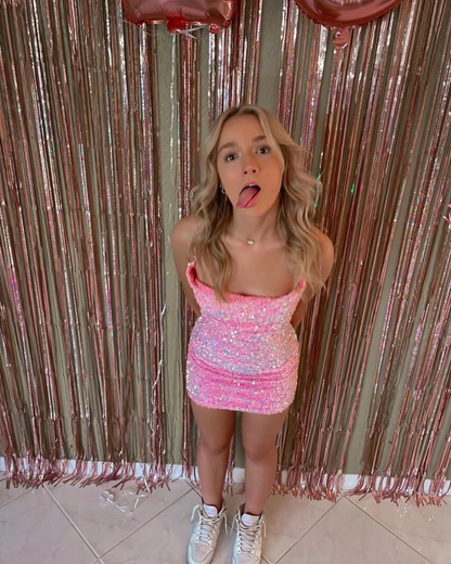 Süßes rosa Paillettenkleid zum 17. Geburtstag, funkelndes Homecoming-Kleid J8368