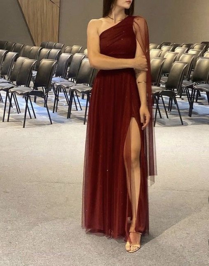 Robe de soirée longue en tulle scintillant bordeaux, élégante, J8195
