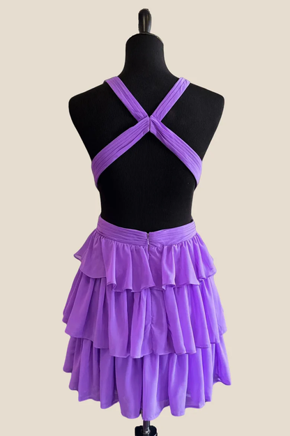 Halter V-Neck A-Line Ruffles Backless Short Homecoming Dress J7333