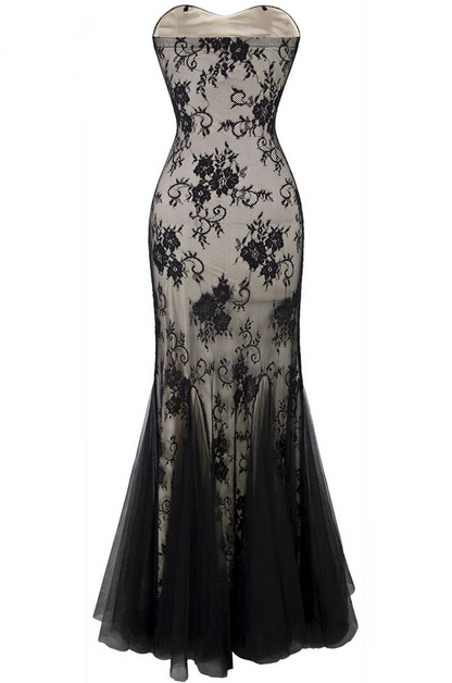 Trägerloses langes Abendkleid aus Spitze im Meerjungfrau-Stil, schwarz, Ballkleid J8328