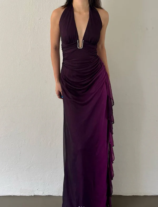 Sheath Halter Purple Chiffon Long Prom Dress Vintage Evening Dress J7109