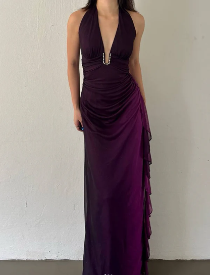 Sheath Halter Purple Chiffon Long Prom Dress Vintage Evening Dress J7109