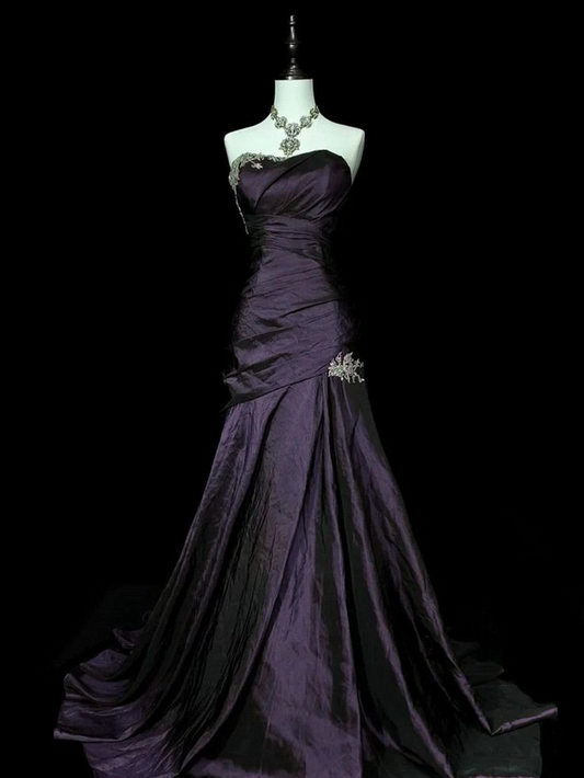 Robe de soirée longue violette sirène décolleté en cœur sans bretelles J8334