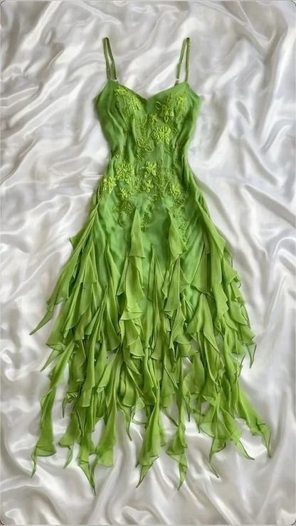 Robe de bal vintage verte à bretelles spaghetti en mousseline de soie à volants J7566