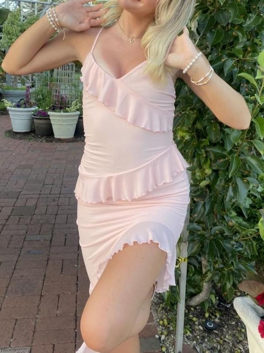 Spaghettiträger Rüschen Etuikleid Kurzes Rosa Homecoming Kleid J7592