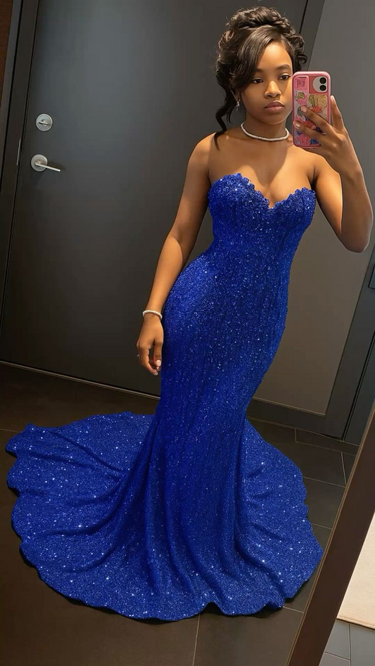 Robe de soirée longue bleu roi sirène à paillettes J8393