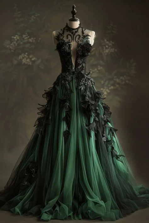 Robe de soirée longue en tulle vert coupe trapèze, avec appliques, J8122