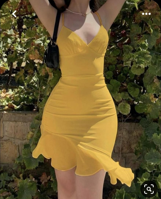 Spaghetti Straps V Neck Yellow Ruffle Homecoming Dress J8115
