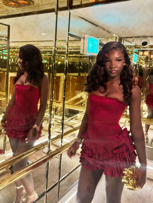 Trägerloses A-Linien-Minikleid aus Satin in Rot für Geburtstage J7681