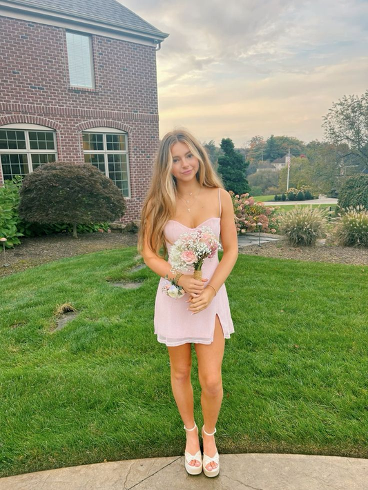 Spaghetti Straps Pink Chiffon Mini Homecoming Dress J7289