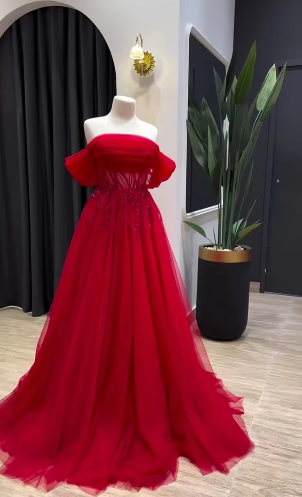 Rotes schulterfreies langes Ballkleid Abendkleid J7250