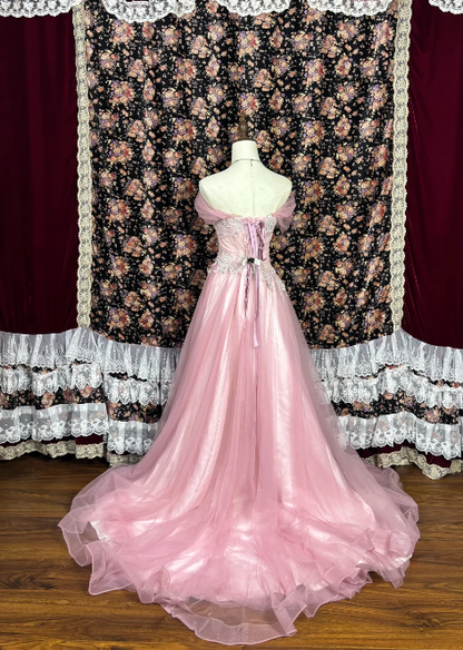 Robe de bal longue rose à épaules dénudées et appliques en tulle J8629