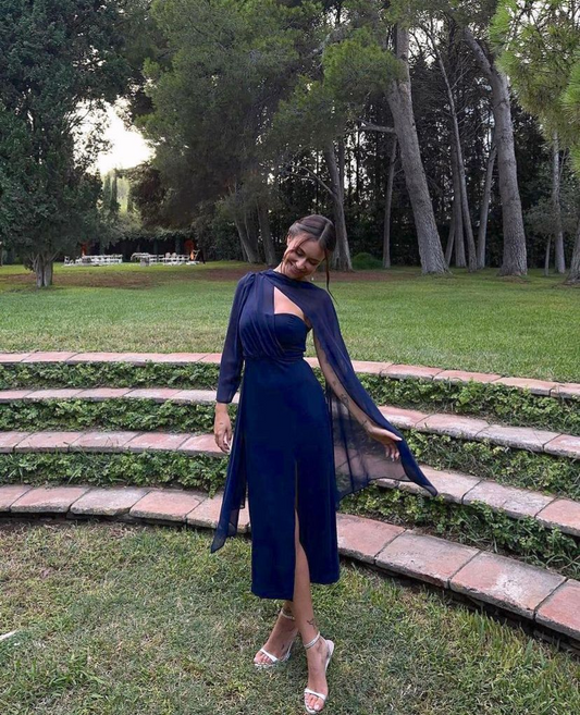 Robe fourreau mi-longue bleu marine avec fente J8789