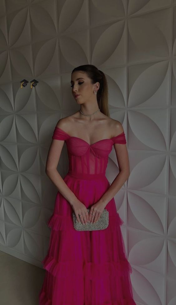 Robe de bal longue rose vif, coupe trapèze, robe de soirée, robe d'invitée de mariage, J8250