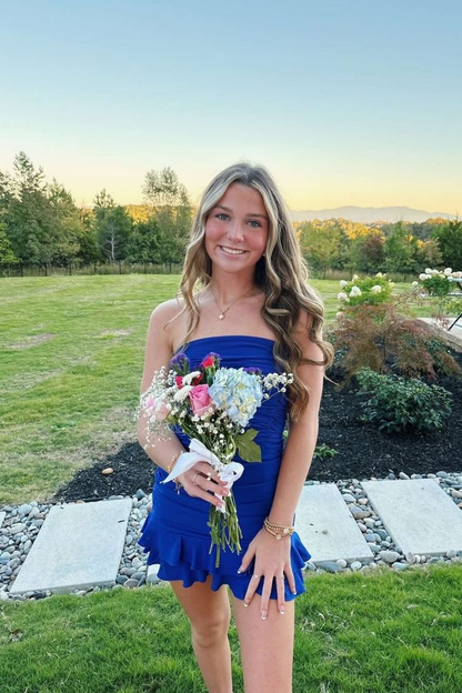 Robe de soirée courte bleu roi sans bretelles J7276