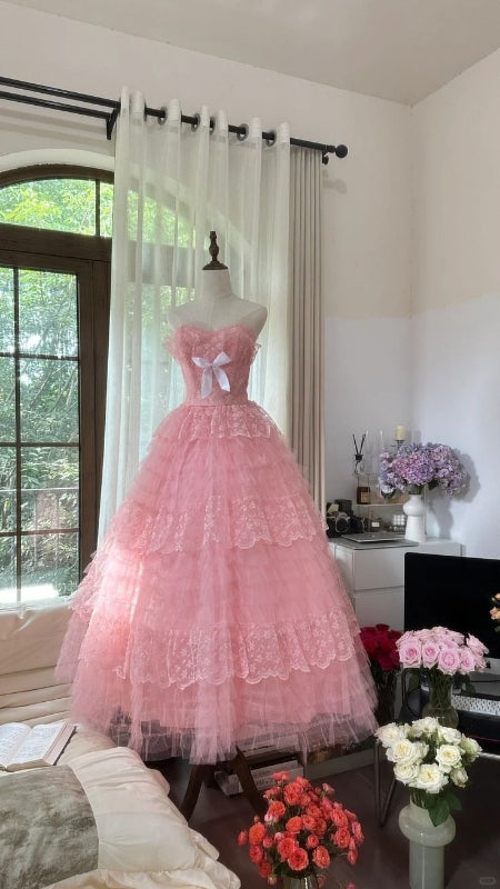 Robe de bal princesse trapèze rose en tulle à col en cœur J8203