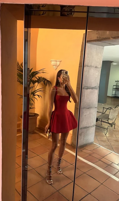 Burgundy Square Neck Mini Dress Homecoming Dress Birthday Dress J8736