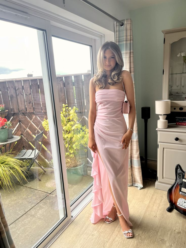 Rosa Etuikleid mit Rüschen, langes Ballkleid aus Chiffon, formelles Partykleid J8310