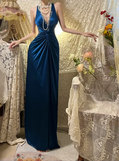 Vintage Blue V-Neck Beaded Satin Long Prom Dress J8778