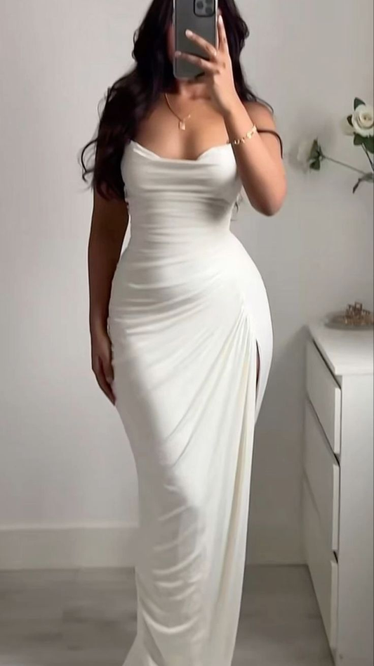 Elegantes weißes Maxikleid mit Meerjungfrauen-Trägern, Outfits zum 22. Geburtstag, J7371