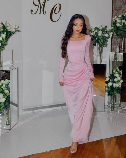 Pink Square Neck Long Sleeves Evening Dress Modest Party Dress J8737