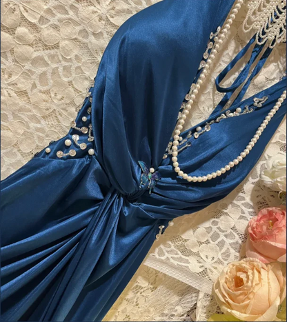 Vintage Blue V-Neck Beaded Satin Long Prom Dress J8778