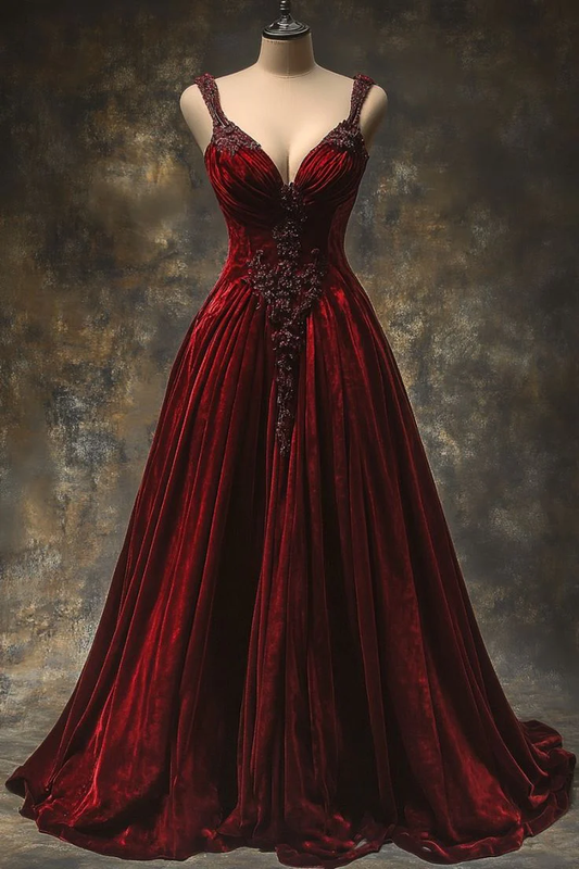 A Line Velvet Burgundy Prom Dresses Evening Formal Dress J7567