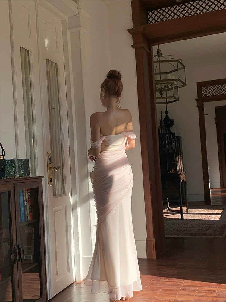 Robe de bal longue en mousseline rose avec papillon 3D et épaules dénudées, jolie robe de soirée J8612